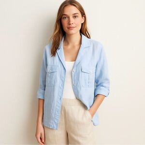 J.Crew Camp Collar Featherweight Linen Blend Button-Up Shirt Light Blue Sz 8🧡